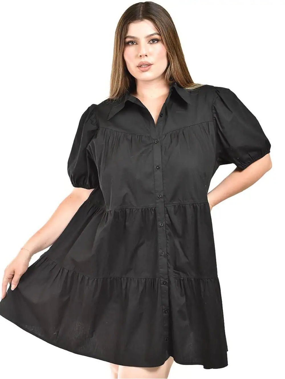 Black Tiered Button-Front Shirt Dress - Picture 4 of 4